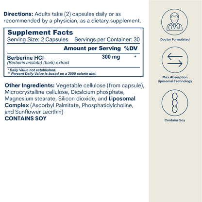 Liposomal Berberine 300mg - Capsules (60 count / 30 servings)